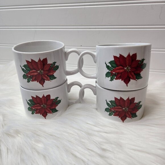 Vintage Set of (4) Hallmark Poinsettia & Holly Formal Dinner Cups Mugs - Picture 1 of 7